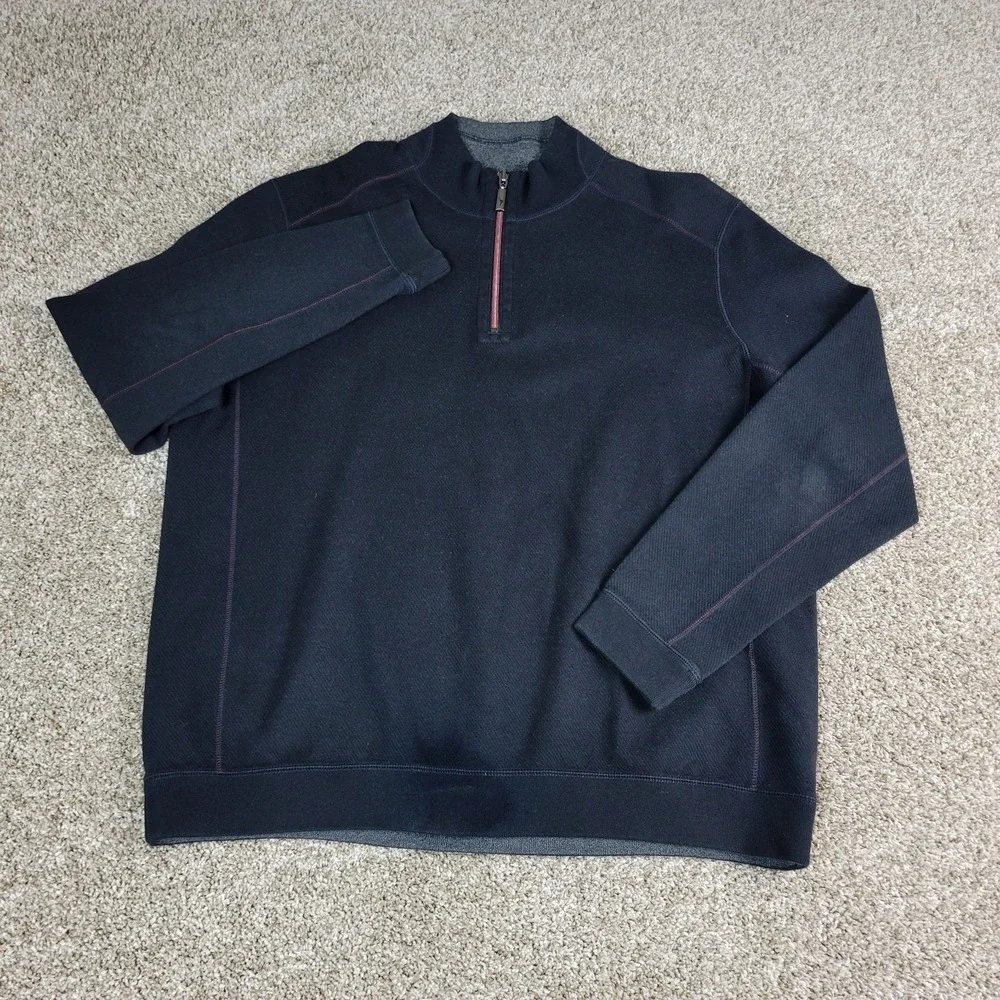 Tommy Bahama Mens Large Solid Black Stretch Knit Quarter Zip Long Sleeve